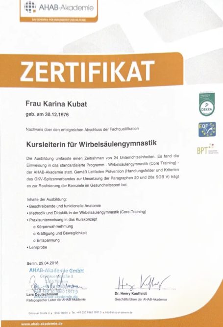 Kursleiterin für Wirbelsäulengymnastik